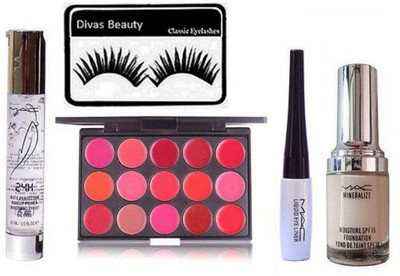 

divas beauty Eyelashes With Mac Up to 24H Skin Primer,Lip Cream Palette, Liquid Eyeliner With Minlarlize Foundation Makeup Kit(Set of 5)