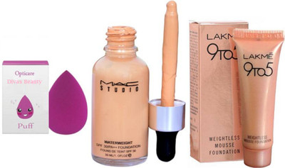 

divas beauty Sponge puff & Mac studio waterweight spf30 foundation and lakme 9 to 5 weightless mousse foundation(Set of 3)