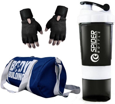 

Snipper Combo of Bodybuilding Blue Bag , Gloves Black And Spider Shaker white Gym & Fitness Kit