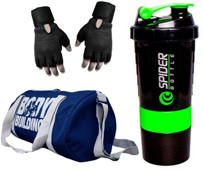 

Rocket Sales Combo of Bodybuilding Bag Blue,Gloves Black and Spider Shaker Green Gym & Fitness Kit