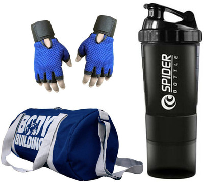 

Rocket Sales Combo of Bodybuilding Bag Blue,Gloves Blue and Spider Shaker Black Gym & Fitness Kit