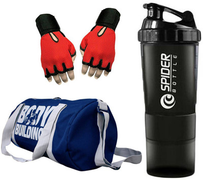 

Snipper Combo of Bodybuilding Blue Bag , Gloves Red And Spider Shaker Black Gym & Fitness Kit