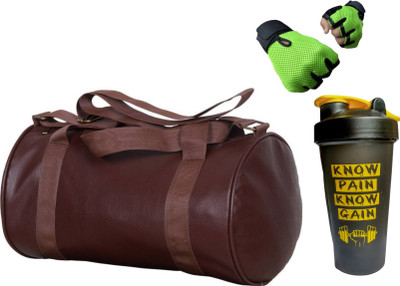 

S.Blaze COMBO OF BROWN LEATHER GYM BAG + BLACK 650ML KNOW PAIN KNOW GAIN SHAKER BOTTLE + GREEN GYM GLOVES FOR BOTH MEN'S / WOMEN'S / GIRL'S / BOY'S Gym & Fitness Kit