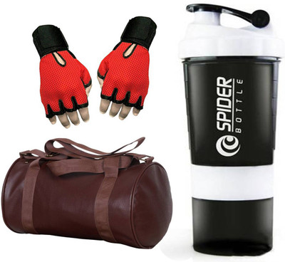 

Snipper Combo Of Leatherite Brown Gym Bag , Red Gloves and White Spider Shaker Gym & Fitness Kit