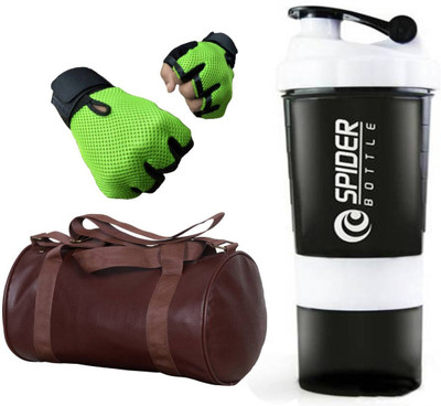 

Snipper Combo Of Leatherite Brown Gym Bag , Green Gloves and White Spider Shaker Gym & Fitness Kit