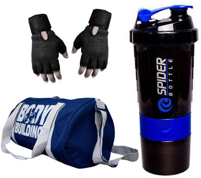 

Snipper Combo of Bodybuilding Blue Bag , Gloves Black And Spider Shaker Purple Gym & Fitness Kit