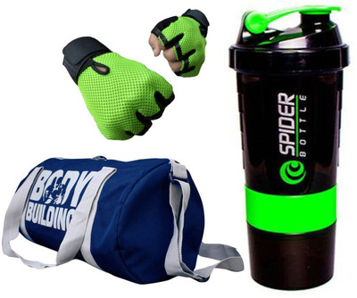 

Snipper Combo of Bodybuilding Blue Bag , Gloves Green And Spider Shaker Green Gym & Fitness Kit