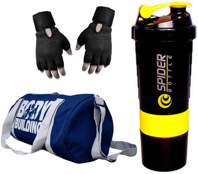 

Snipper Combo of Bodybuilding Blue Bag , Gloves Black And Spider Shaker Yellow Gym & Fitness Kit