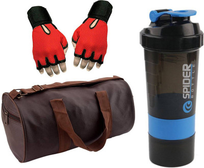

Snipper Combo Of Leatherite Brown Gym Bag with Side Pocket , Red Gloves and Blue Spider Shaker Gym & Fitness Kit