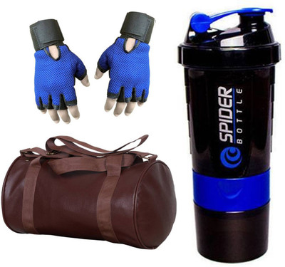 

Snipper Combo Of Leatherite Brown Gym Bag , Blue Gloves and Purple Spider Shaker Gym & Fitness Kit