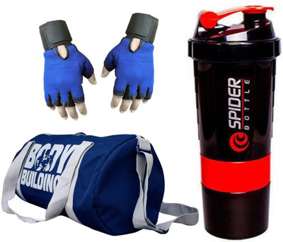 

Rocket Sales Combo of Bodybuilding Bag Blue,Gloves Blue and Spider Shaker Red Gym & Fitness Kit