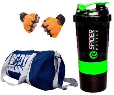 

Snipper Combo of Bodybuilding Blue Bag , Gloves Orange And Spider Shaker Green Gym & Fitness Kit