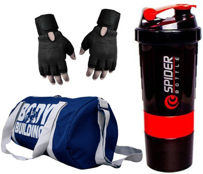 

Rocket Sales Combo of Bodybuilding Bag Blue,Gloves Black and Spider Shaker Red Gym & Fitness Kit