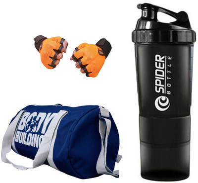 

Snipper Combo of Bodybuilding Blue Bag , Gloves Orange And Spider Shaker Black Gym & Fitness Kit