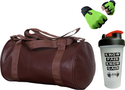 

S.Blaze COMBO OF BROWN LEATHER GYM BAG + RED 650ML KNOW PAIN KNOW GAIN SHAKER BOTTLE + GREEN GYM GLOVES Gym & Fitness Kit