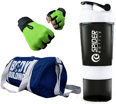 

Snipper Combo of Bodybuilding Blue Bag , Gloves Green And Spider Shaker white Gym & Fitness Kit