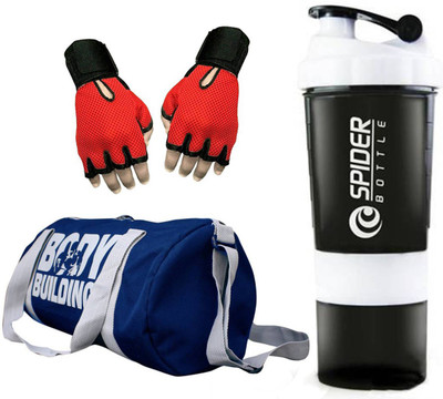 

Snipper Combo of Bodybuilding Blue Bag , Gloves REd And Spider Shaker white Gym & Fitness Kit