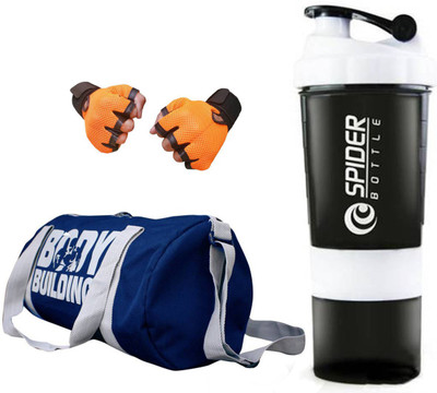 

Snipper Combo of Bodybuilding Blue Bag , Gloves Orange And Spider Shaker white Gym & Fitness Kit