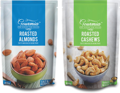 

Gourmia Combo of Roasted Almonds Salt & Pepper + Roasted Cashews Tangy Masala (Each 200) Assorted Nuts(400 g, Pouch)