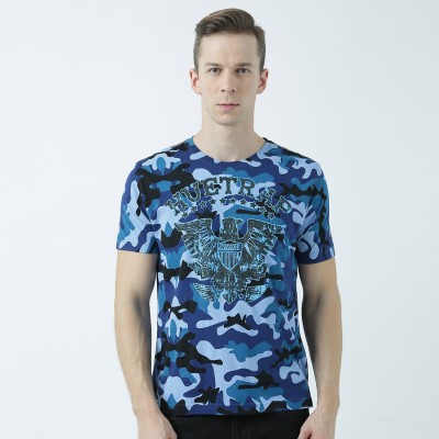 HUETRAP Military Camouflage Men Round Neck Blue T-Shirt