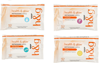 

Health and Glow Refreshing Wipes Combo (Lavender,Zero fragrance,Sea Breeze,Citrus) pack of 4(40 Pieces)