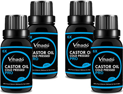 

vihado Essential Organic Cold Pressed 100% Pure Castor Oil For Hair, Eyelashes, Nails, Body, Skin Care & Hair Care / Castor Oil For Hair Growth / Castor Oil For Beard Growth / Castor Oil For Skin Treatment For Women (4 Pack of 18ml)(72 ml)