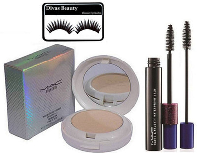 

divas beauty Eyelashes &Mac Lightful Marine 2 in 1 Bright Press Powder For Light And Medium Skin Compact, Haute & Naughty Black Double Effect Mascara(Set of 3)