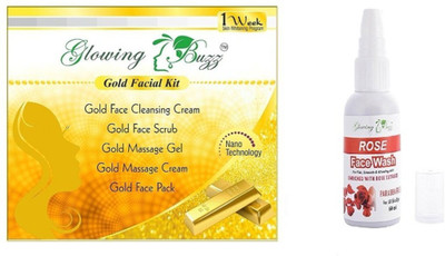 Glowing Buzz Combo of Gold Facial Kit (100 grams) And Rose Facewash(60 ml)(Set of 2)