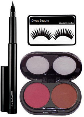 

divas beauty eyelashes & Mac 2 Shade Blusher Light Pink & Drak Peach & mac pen eyeliner(Set of 3)