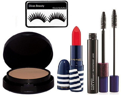 

divas beauty Eyelashes And Mac Matte Finish Lipstick Red, Haute & Naughty Black Double Effect Mascara, Powder Plus Foundation Studio Fix Pressed Powder compact(Set of 4)