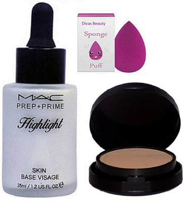 

divas beauty Sponge Puff & Prep+Prime Highlight Skin Base Visage, Powder Plus Foundation Studio Fix Pressed Powder compact(Set of 3)
