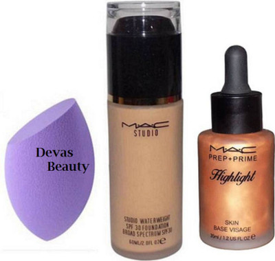

divas beauty Sponge Puff & Water Weight Foundation 60 ml,Prep +Prime Highlight Skin Base Visage 35 ml(Set of 3)
