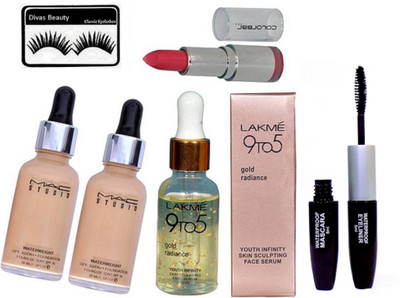 

divas beauty Eyelashes&Mac Waterweight Foundation Set Of 2&Lakme 9To5 Gold Radiance Face Serum&ColorBar Lipstick, Colorbar mascara & Liquid Eyeliner 2 in 1(Set of 6)