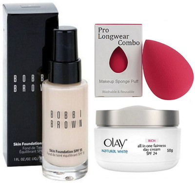 

Pro longwear combo Sponge Puff, Bobbi Brown Skin Foundation, Olay Natural White Rich all in one day cream(Set of 3)