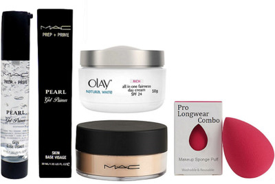 

Pro longwear combo Sponge Puff, Mac Prep+Prime Pearl gel Primer, Select Sheer/ Loose poudrelibrediaphane Olay natural white Rich all in one fairness day Cream(Set of 4)