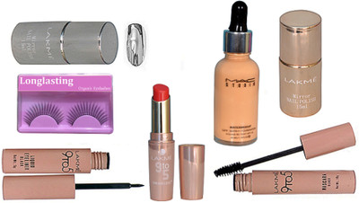 

Longlasting Eyelashes, Lakme 9 To 5 Eyeliner & Mascara, Lipstick, 2 Nail Polish, Mac Studio Waterweight Foundation(Set of 7)