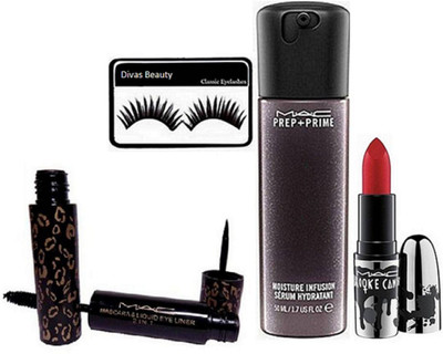 

divas beauty Eyelashes With Moisture Serum & mac Brooke Candy Red Lipstick, mascara & Liquid Eyeliner 2 in 1(Set of 4)