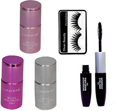 

divas beauty Eyelashes& Lakme Nail Polish (Set of 3), Colorbar mascara & Liquid Eyeliner 2 in 1(Set of 5)
