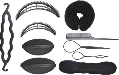 

BELLA HARARO 10pc Set Juda Maker, Bun Maker, Hair Volume Puff, Comb Combo Hair Styling Tools Hair Accessory Set(Black)