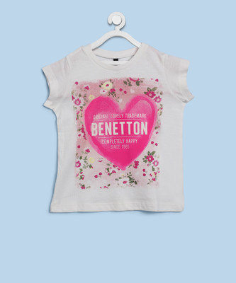 

United Colors of Benetton Girls Graphic Print Cotton T Shirt(White, Pack of 1, 101