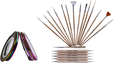 

Looks United 15 Nail Art Brushes, 5 Dotting Tools, 11 Striping Tape Rolls(Wood)