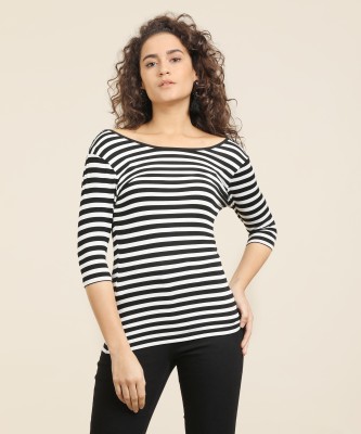 HARPA Striped Women Scoop Neck White, Black T-Shirt