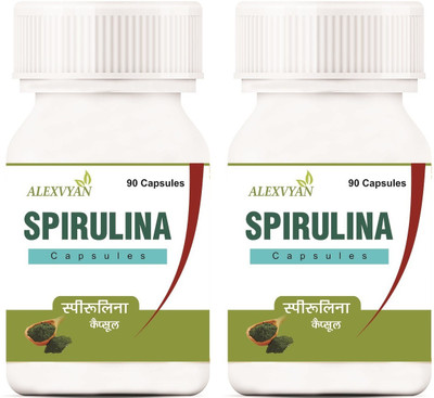 

AlexVyan 180 Capsule Organic Spirulina Ayurvedic Herbal 500 Mg Source of Vitamin, Iron, Protein, Calcium, Antioxidants-(90*2-180)(180 No)