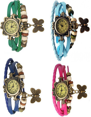

Mettle Combo Latest Fancy Leather Hand Knit Vintage Watches Dress Bracelet Women Girls Ladies Clover Pendant Retro ( Pack Of 4 )MT-107 Watch - For Women