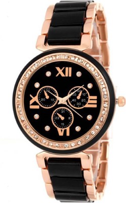 

PMAX Black Rosegold Crono With Studed Diamond Watch - For Women