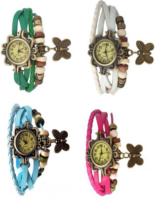 

Mettle Combo Latest Fancy Leather Hand Knit Vintage Watches Dress Bracelet Women Girls Ladies Clover Pendant Retro ( Pack Of 4 )MT-83 Watch - For Women