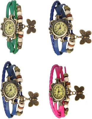 

Mettle Combo Latest Fancy Leather Hand Knit Vintage Watches Dress Bracelet Women Girls Ladies Clover Pendant Retro ( Pack Of 4 )MT-179 Watch - For Women