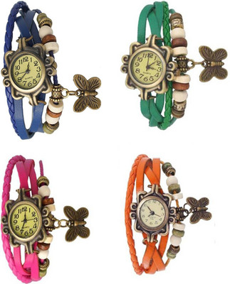 

Mettle Combo Latest Fancy Leather Hand Knit Vintage Watches Dress Bracelet Women Girls Ladies Clover Pendant Retro ( Pack Of 4 )MT-118 Watch - For Women