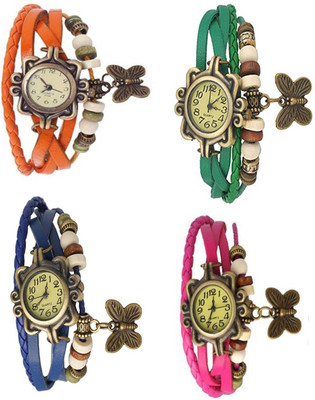 

Mettle Combo Latest Fancy Leather Hand Knit Vintage Watches Dress Bracelet Women Girls Ladies Clover Pendant Retro ( Pack Of 4 )MT-106 Watch - For Women