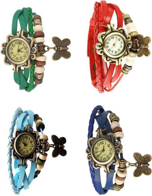 

Mettle Combo Latest Fancy Leather Hand Knit Vintage Watches Dress Bracelet Women Girls Ladies Clover Pendant Retro ( Pack Of 4 )MT-151 Watch - For Women